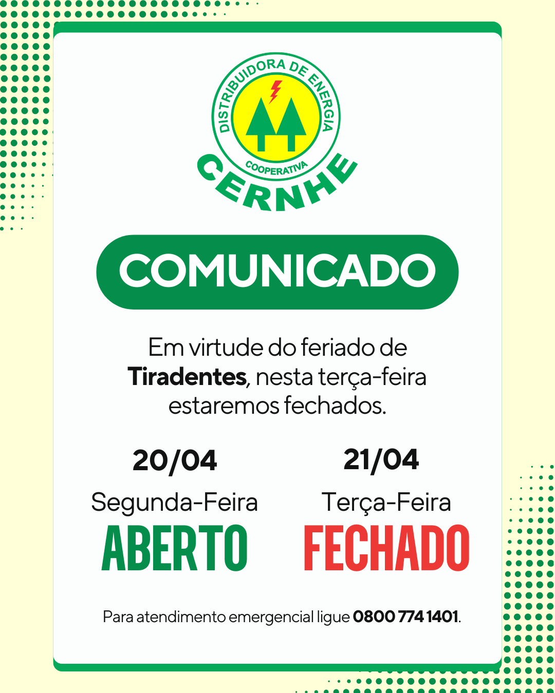 FERIADO NACIONAL - DIA DE TIRADENTES