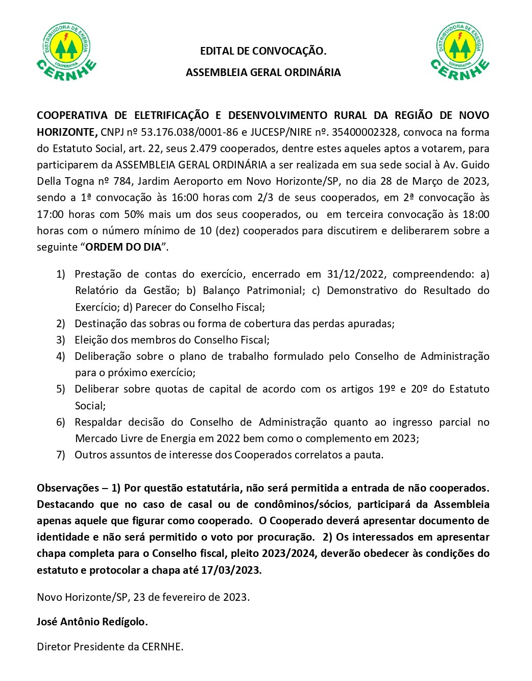 EDITAL DE CONVOCAÇÃO - ASSEMBLEIA GERAL ORDINÁRIA