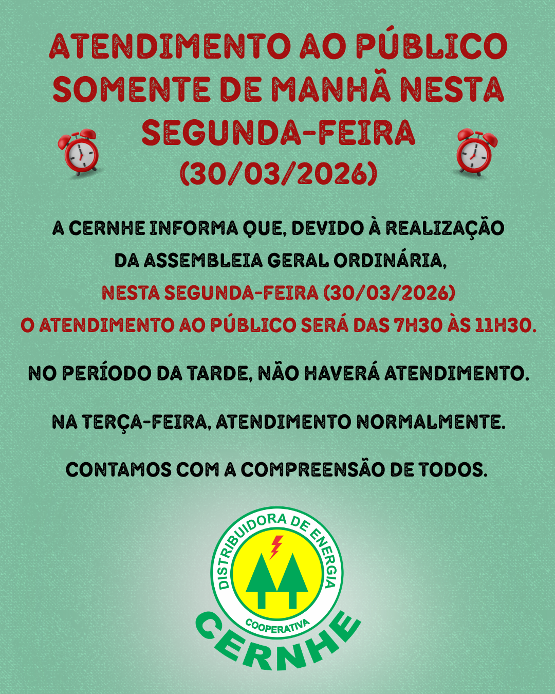 ATENDIMENTO AO PÚBLICO SOMENTE DE MANHÃ NESTA SEGUNDA-FEIRA (30/03/2026)