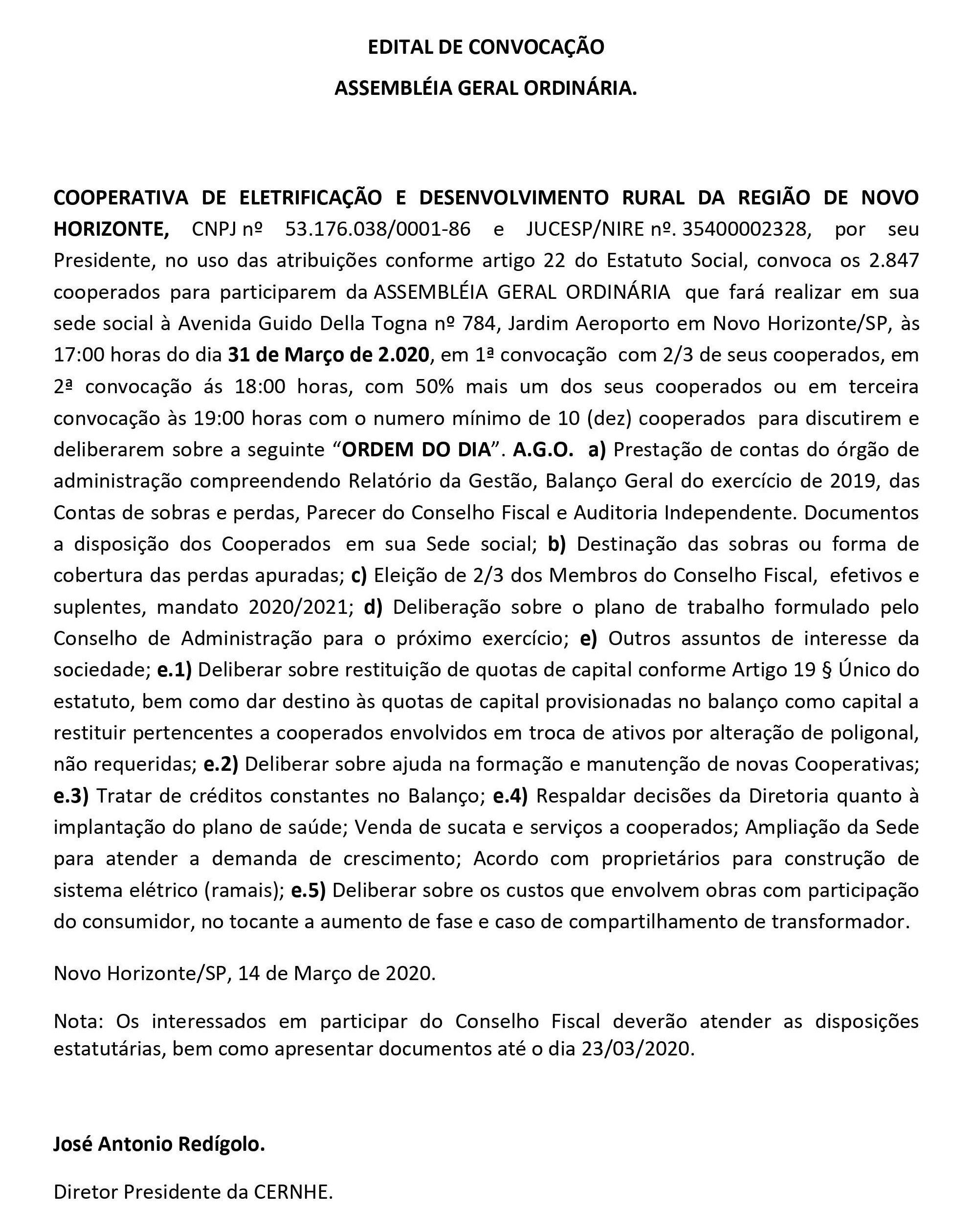 EDITAL DE CONVOCAÇÃO - ASSEMBLÉIA GERAL ORDINÁRIA