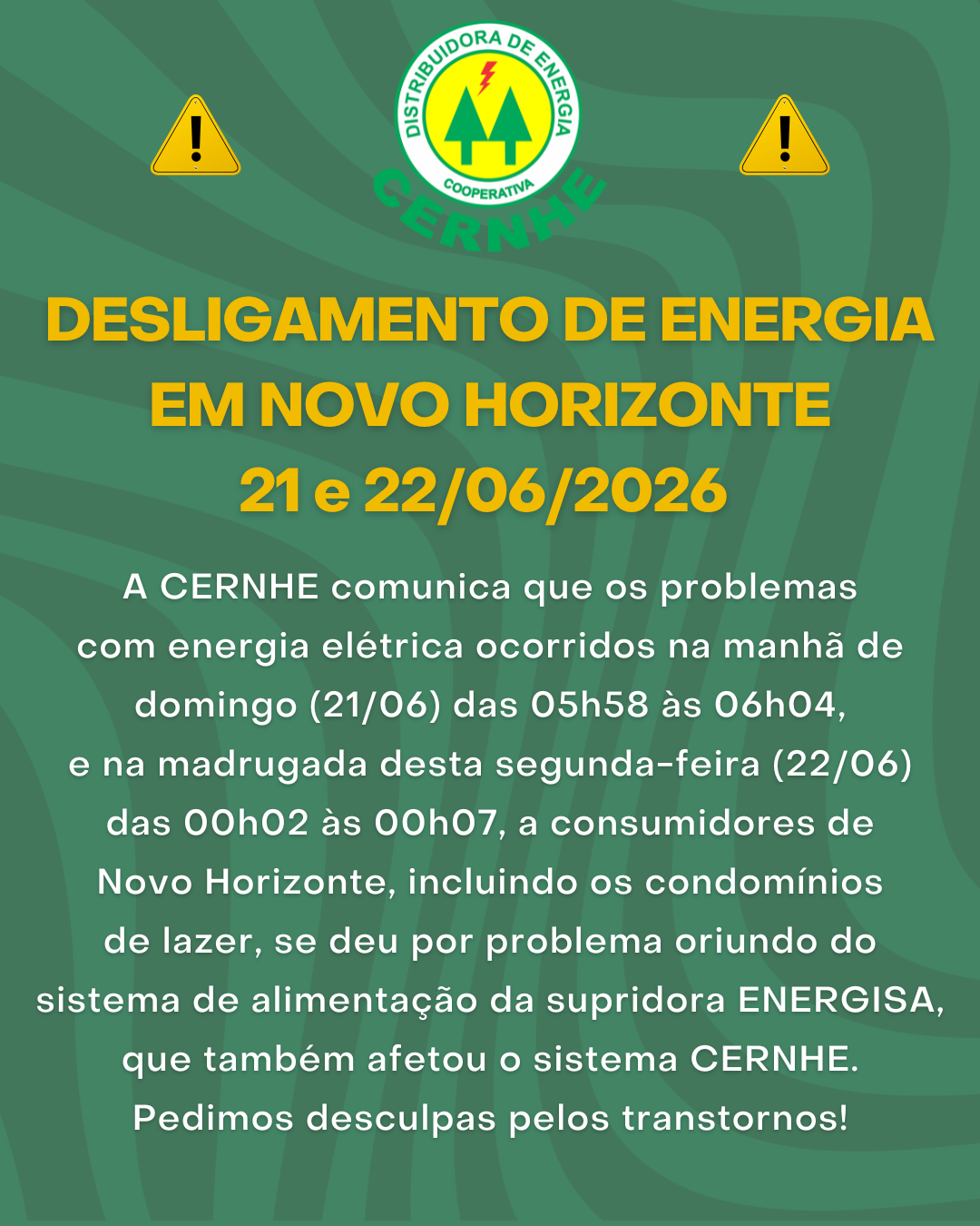 DESLIGAMENTO DE ENERGIA EM NOVO HORIZONTE – 21 e 22/06/2026