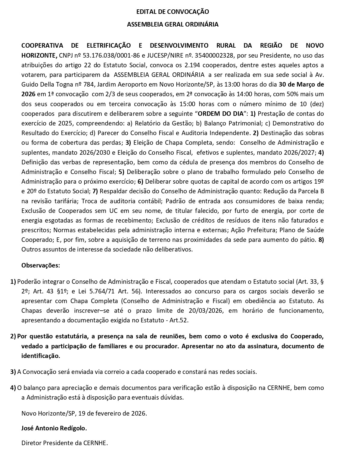 EDITAL DE CONVOCAÇÃO - ASSEMBLEIA GERAL ORDINÁRIA