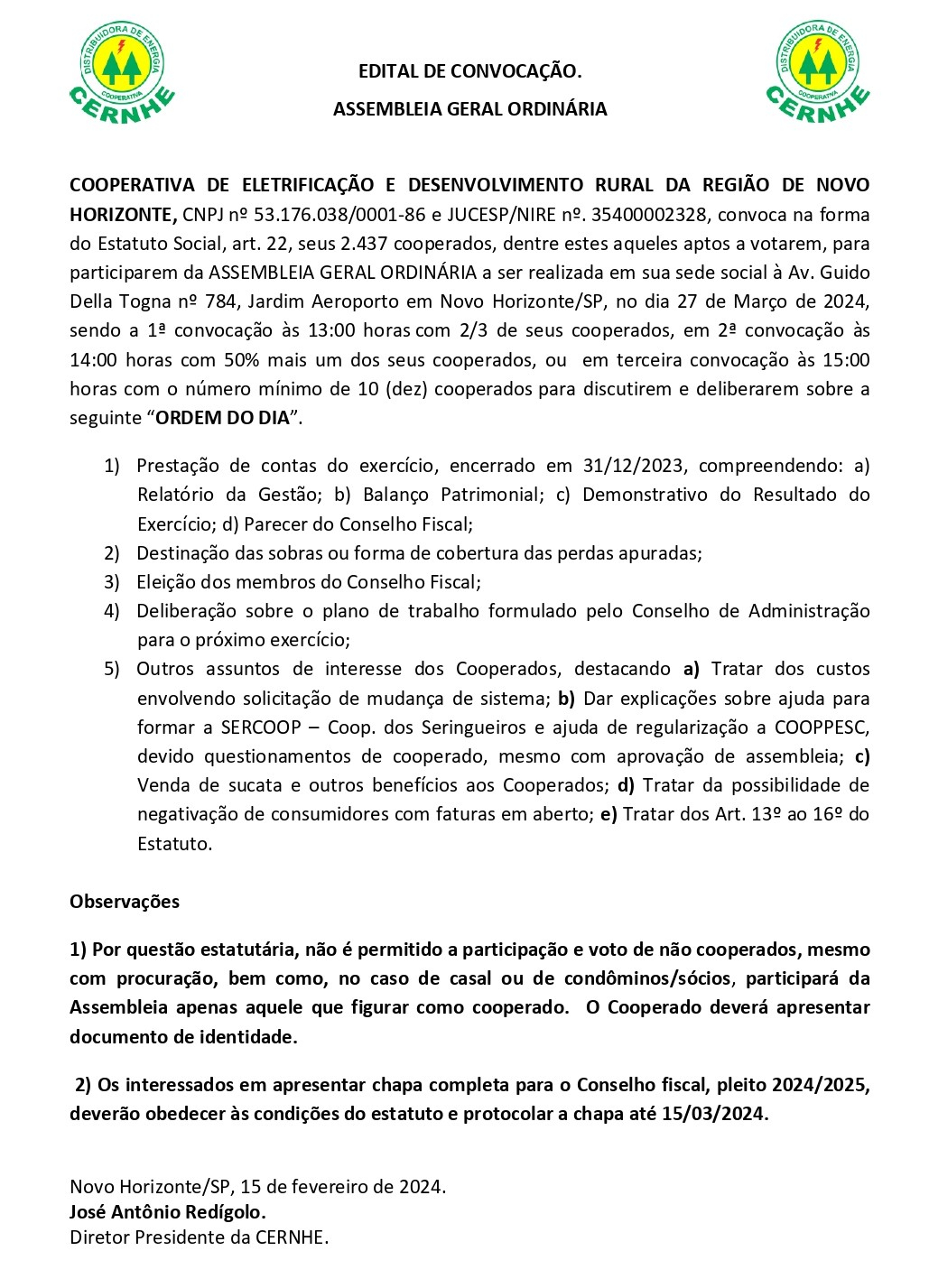EDITAL DE CONVOCAÇÃO - ASSEMBLEIA GERAL ORDINÁRIA