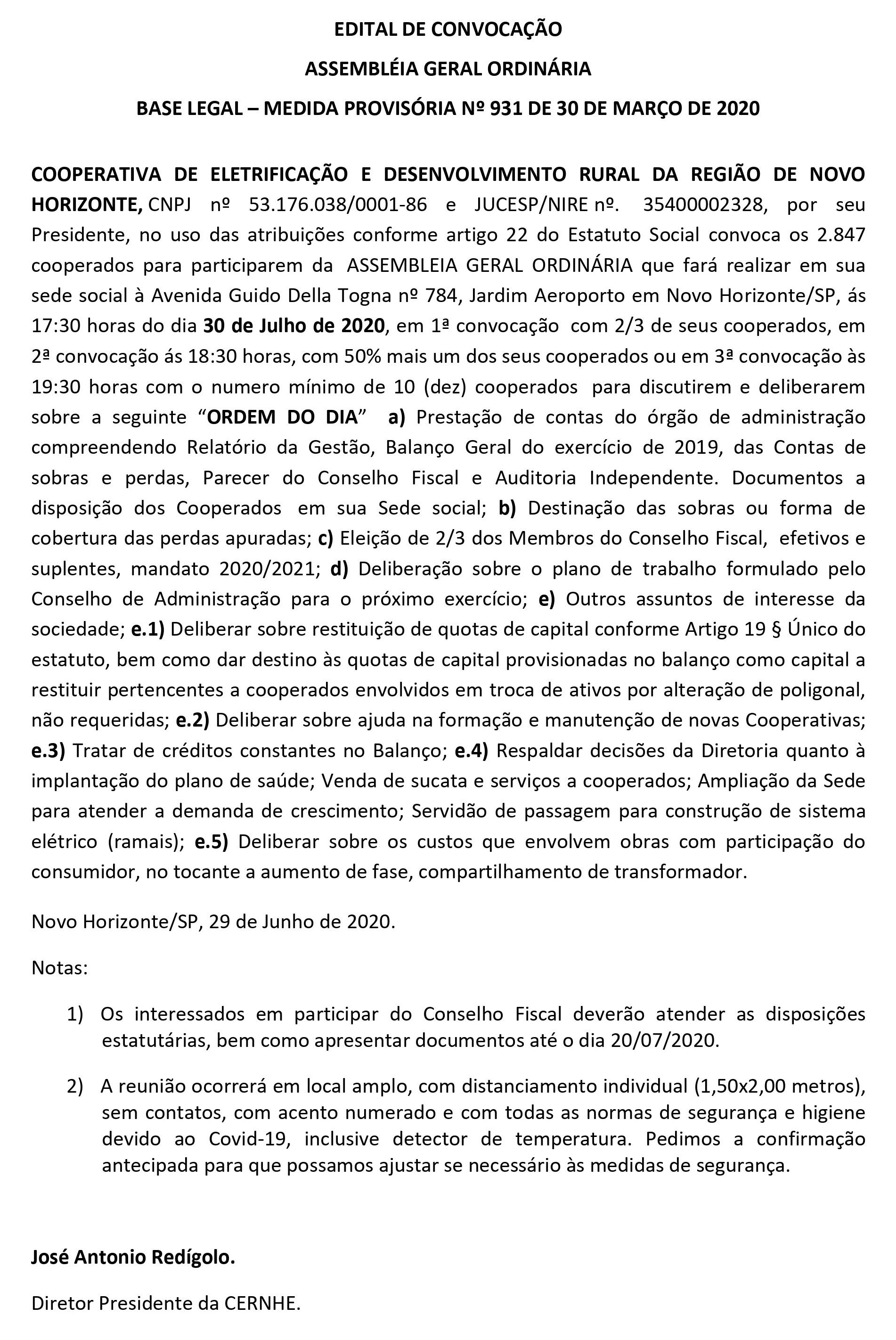 EDITAL DE CONVOCAÇÃO - ASSEMBLÉIA GERAL ORDINÁRIA - BASE LEGAL - MEDIDA PROVISÓRIA Nº 931 DE 30 DE MARÇO DE 2020.