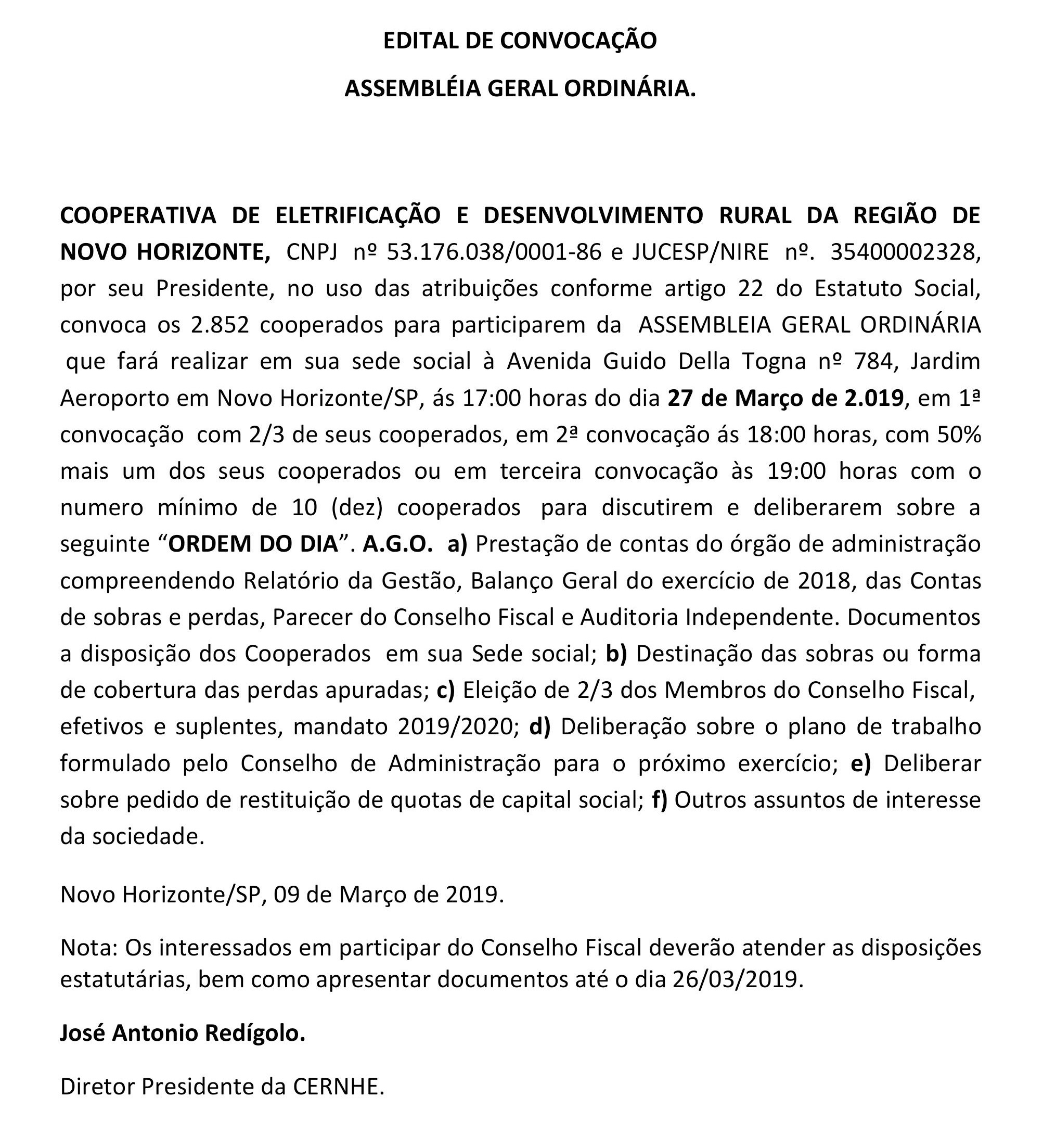 EDITAL DE CONVOCAÇÃO - ASSEMBLÉIA GERAL ORDINÁRIA
