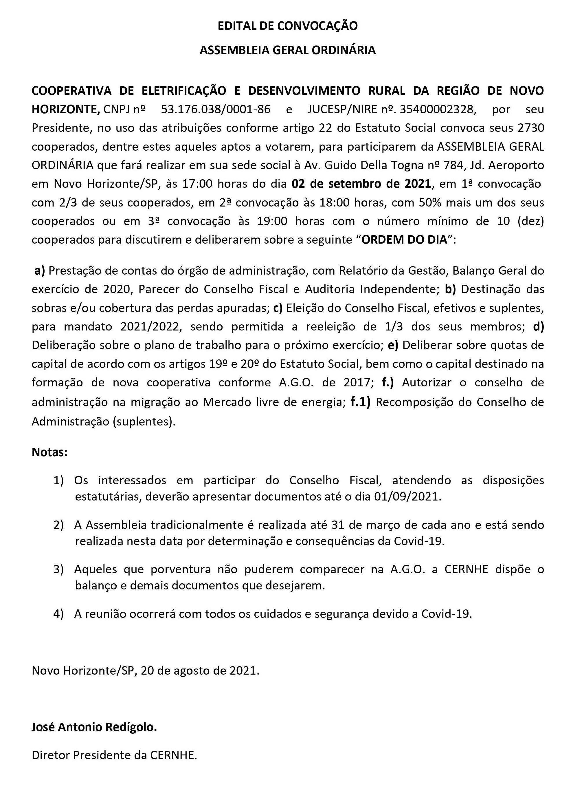 EDITAL DE CONVOCAÇÃO - ASSEMBLEIA GERAL ORDINÁRIA