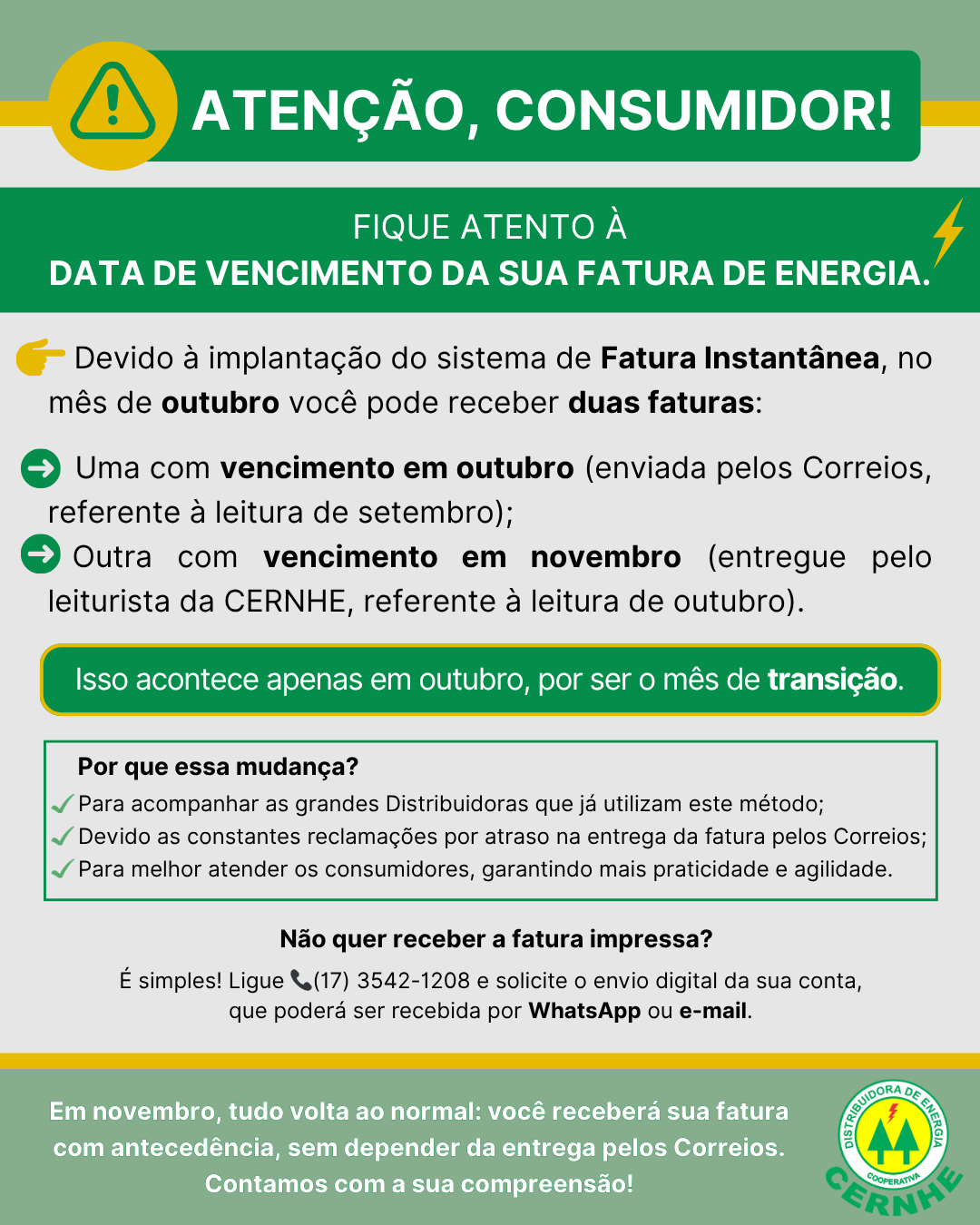 ATENÇÃO, CONSUMIDOR: Fique atento à data de vencimento da sua fatura de energia.