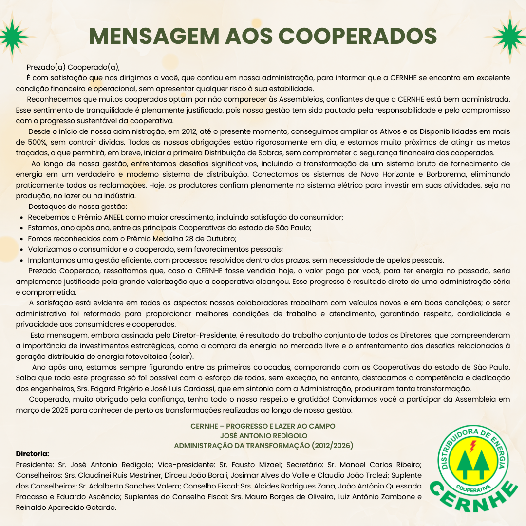 MENSAGEM AOS COOPERADOS