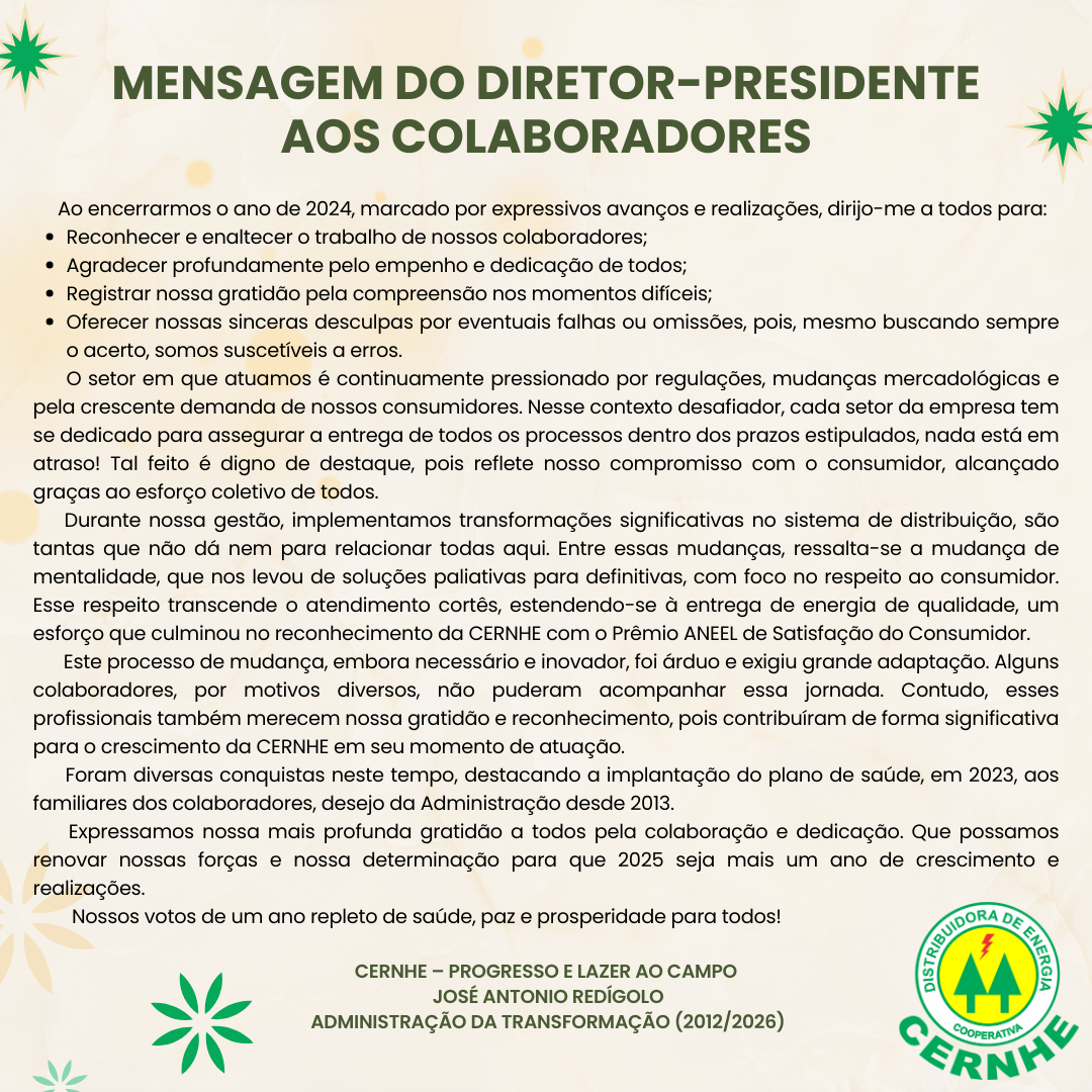 MENSAGEM DO DIRETOR-PRESIDENTE AOS COLABORADORES