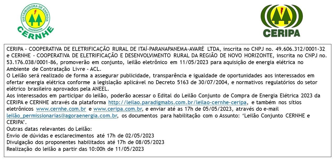 INFORMATIVO SOBRE LEILÃO DE COMPRA DE ENERGIA ELÉTRICA