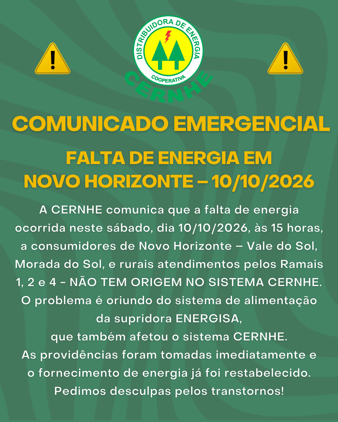 COMUNICADO EMERGENCIAL - FALTA DE ENERGIA EM NOVO HORIZONTE – 10/10/2026