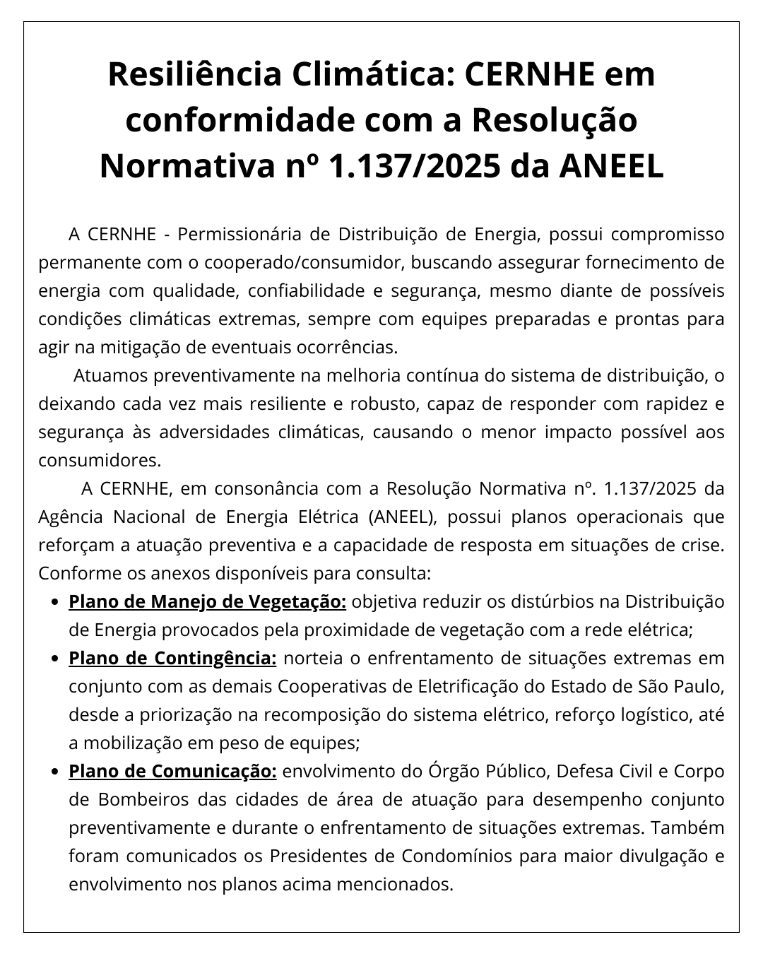 RESILIÊNCIA CLIMÁTICA: CERNHE EM CONFORMIDADE COM A RESOLUÇÃO NORMATIVA nº 1.137/2025 DA ANEEL