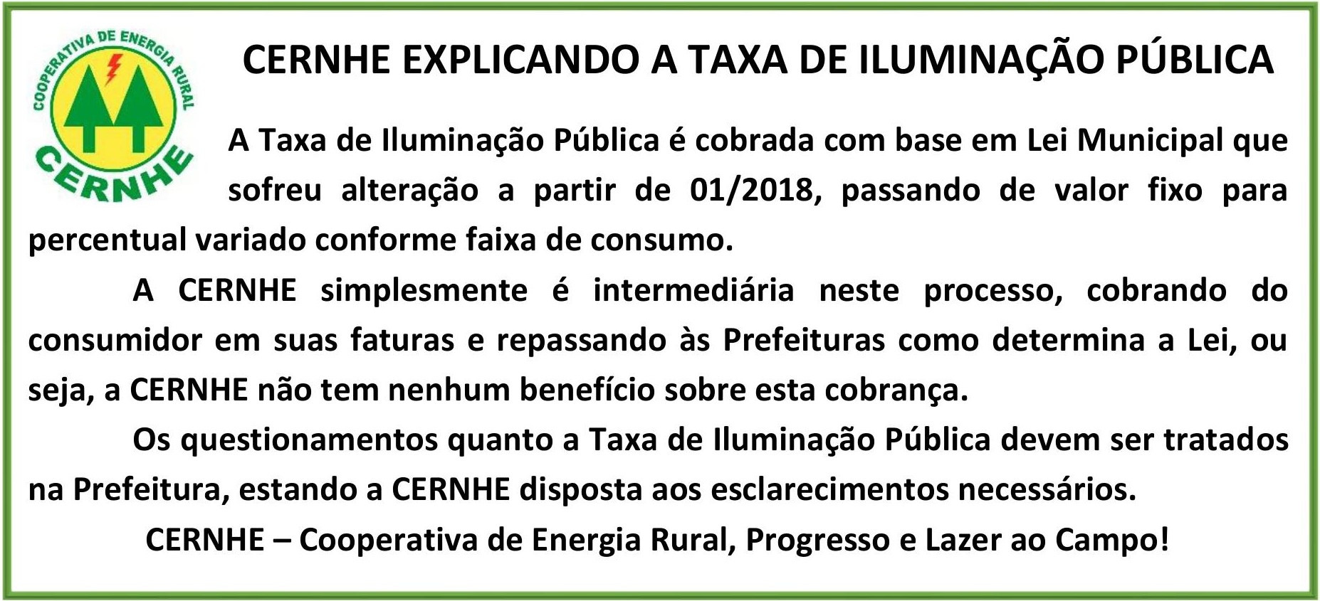 CERNHE EXPLICANDO SOBRE TAXA DE ILUMINAÇÃO PÚBLICA